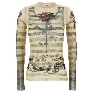 Jean Paul Gaultier Printed Stretch Tulle Top With Crew Neck - NWT